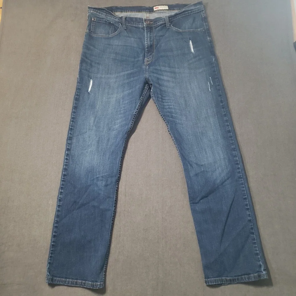 Wrangler Slim Straight Jeans Mens 38x30 Blue Distressed Stretch Denim